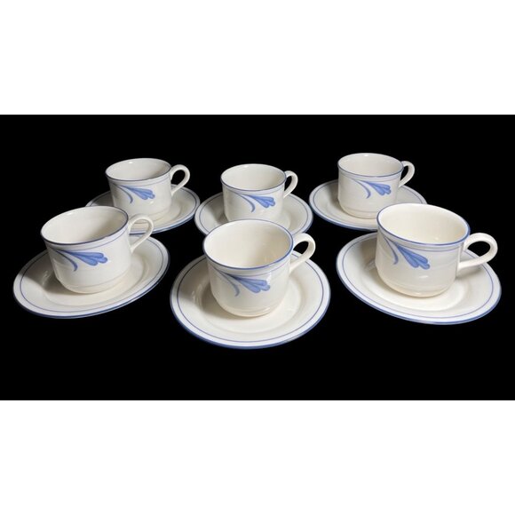 New Lenox Chinastone Blue Brushstrokes Vintage Coffee Tea Cups & Saucers, 6 sets - Picture 2 of 9
